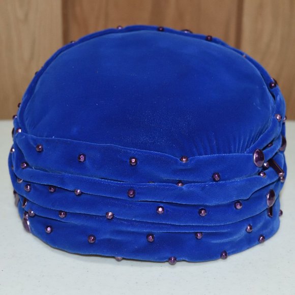 Vintage Blue Claude Saint-Cyr Reproduction Pillbox Hat Purple Accents Turban - Picture 6 of 13